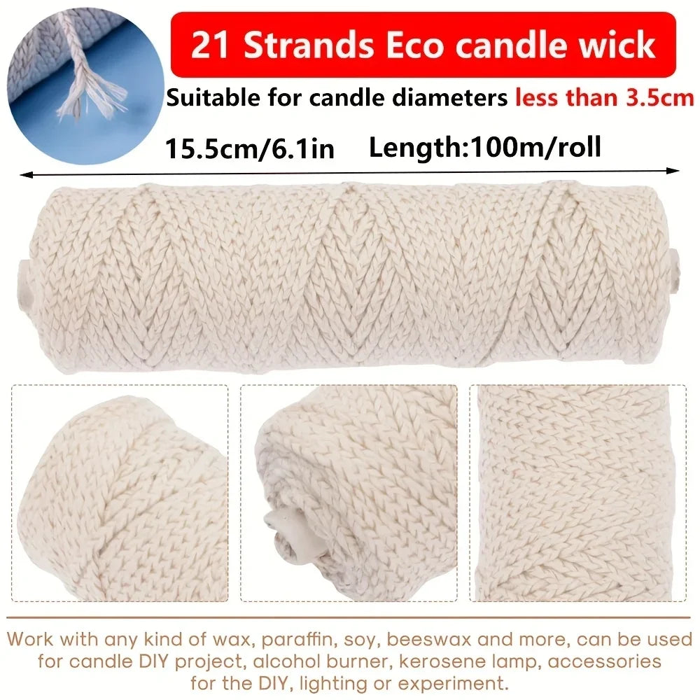 100m Cotton Candle Wick Roll, Eco & Square Braid, Multiple Strand Sizes | StriveRiseFit
